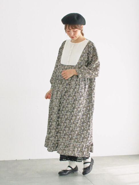 Samansa Mos2「【WEB限定】胸元配色花柄ワンピース」|ワンピース|チャコールグレー