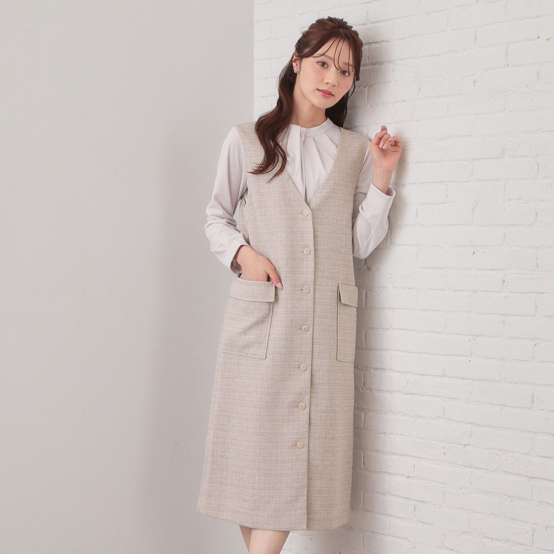 index「サマーツイード前開きジャンスカ【洗濯機OK/イージーアイロン】」|ワンピース|ピンクベージュ(45