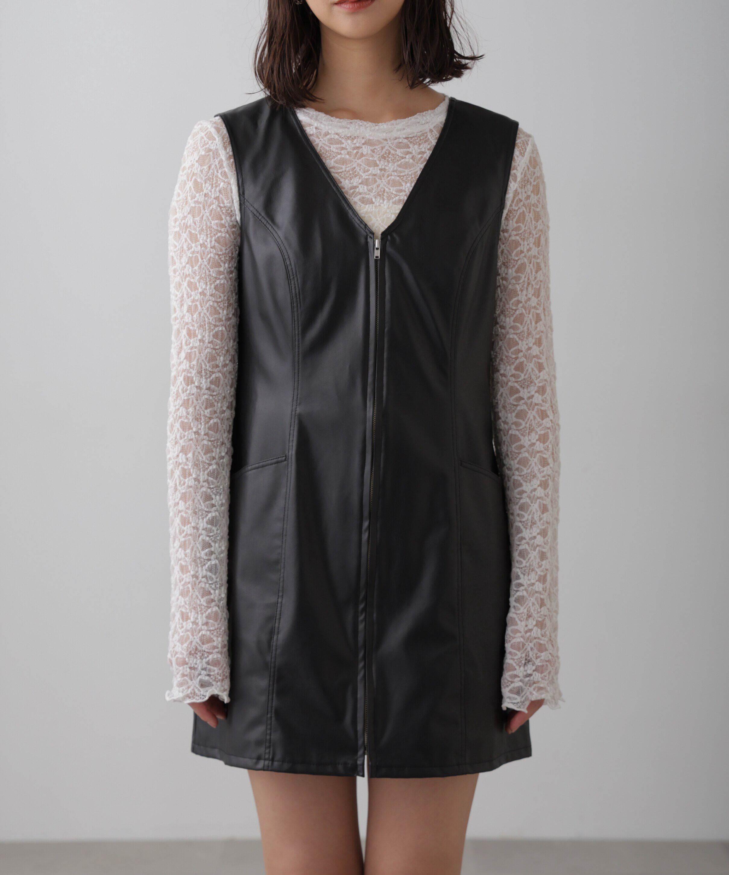  「フロントジップ合皮ミニジャンスカ」|ワンピース|