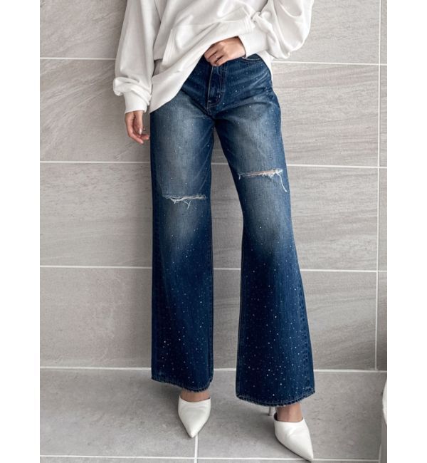 GYDA「ハイウエストKNEEダメージbijouワイドデニムパンツ」|デニム|