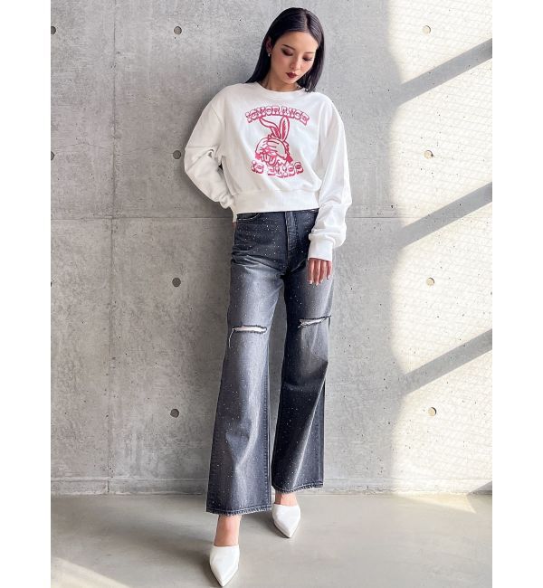 GYDA「ハイウエストKNEEダメージbijouワイドデニムパンツ」|デニム|