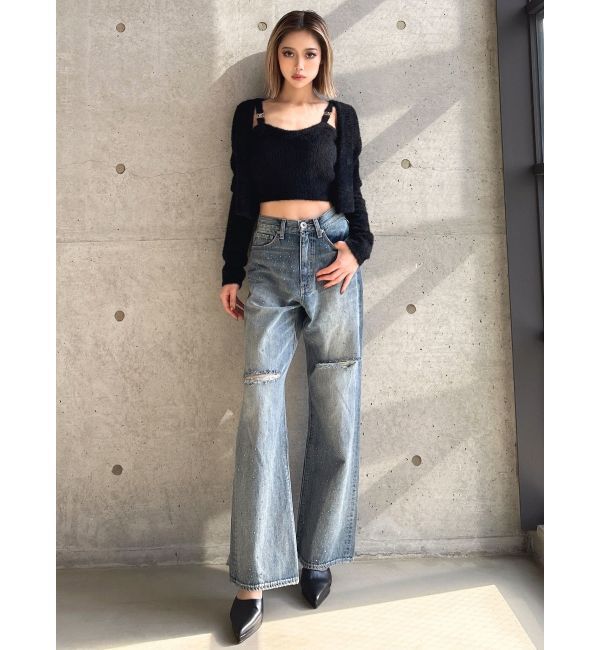 GYDA「ハイウエストKNEEダメージbijouワイドデニムパンツ」|デニム|