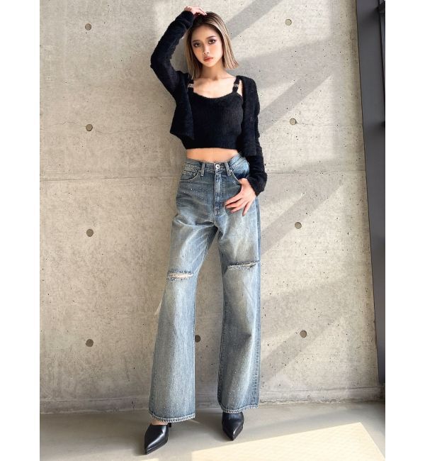 GYDA「ハイウエストKNEEダメージbijouワイドデニムパンツ」|デニム|