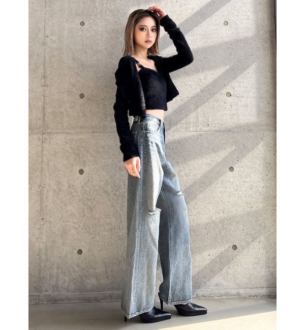 GYDA「ハイウエストKNEEダメージbijouワイドデニムパンツ」|デニム|