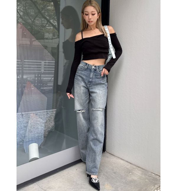 GYDA「ハイウエストKNEEダメージbijouワイドデニムパンツ」|デニム|