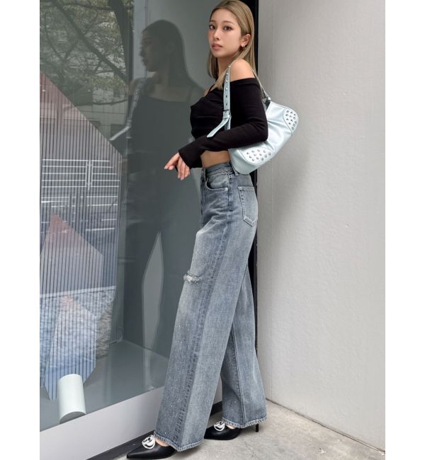 GYDA「ハイウエストKNEEダメージbijouワイドデニムパンツ」|デニム|