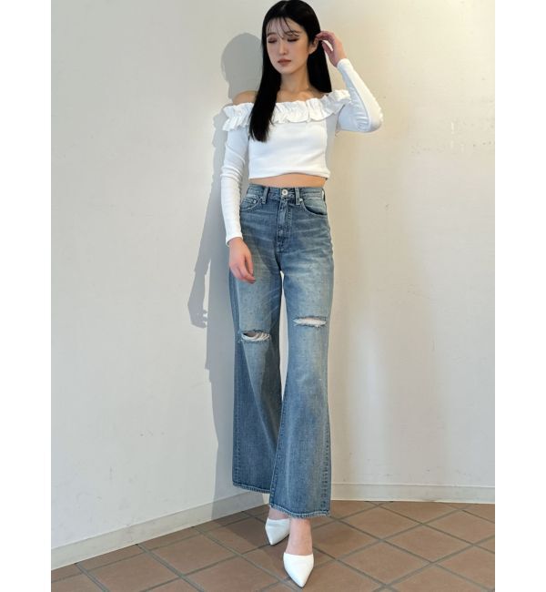 GYDA「ハイウエストKNEEダメージbijouワイドデニムパンツ」|デニム|