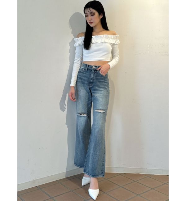 GYDA「ハイウエストKNEEダメージbijouワイドデニムパンツ」|デニム|