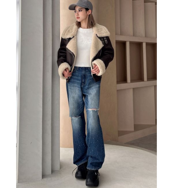 GYDA「ハイウエストKNEEダメージbijouワイドデニムパンツ」|デニム|