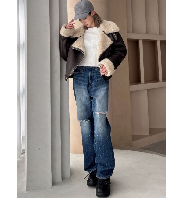 GYDA「ハイウエストKNEEダメージbijouワイドデニムパンツ」|デニム|