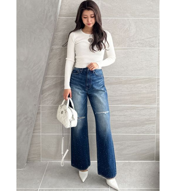 GYDA「ハイウエストKNEEダメージbijouワイドデニムパンツ」|デニム|