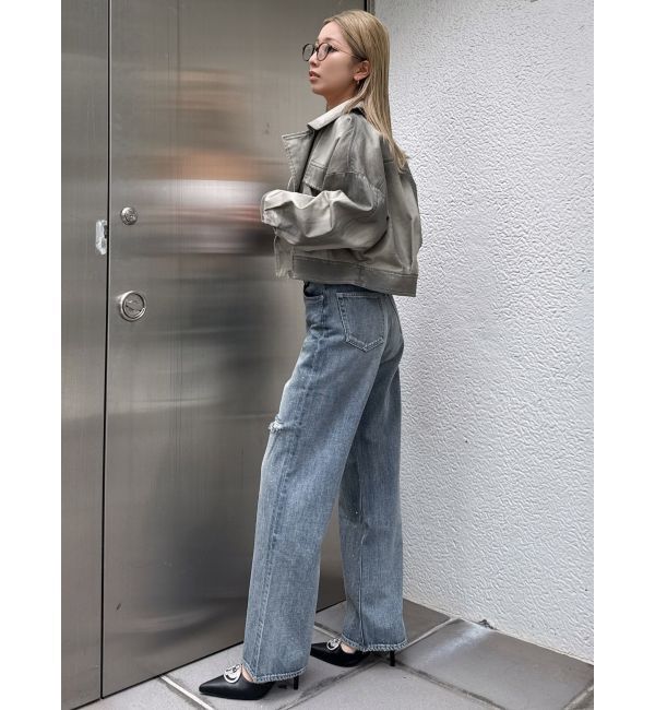 GYDA「ハイウエストKNEEダメージbijouワイドデニムパンツ」|デニム|