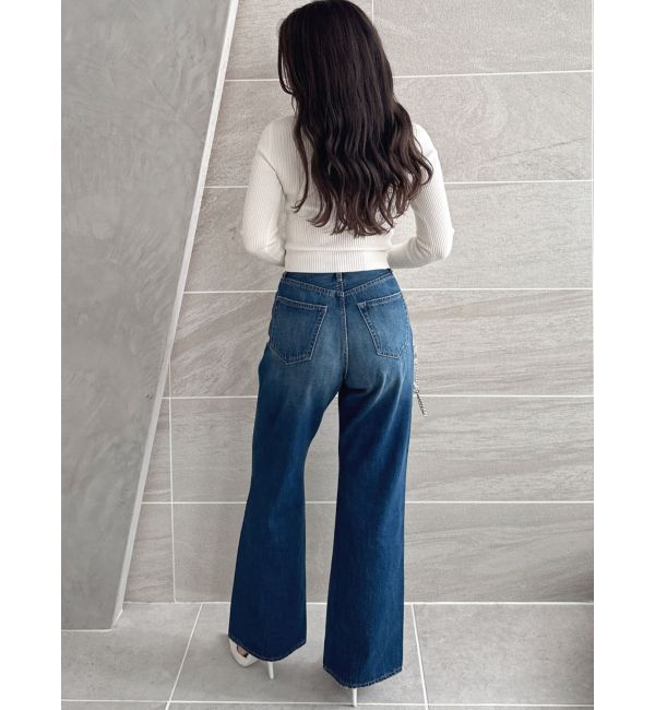 GYDA「ハイウエストKNEEダメージbijouワイドデニムパンツ」|デニム|