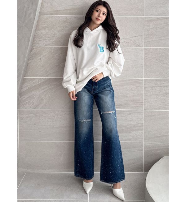 GYDA「ハイウエストKNEEダメージbijouワイドデニムパンツ」|デニム|