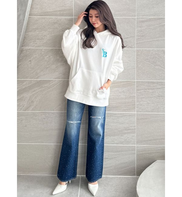 GYDA「ハイウエストKNEEダメージbijouワイドデニムパンツ」|デニム|