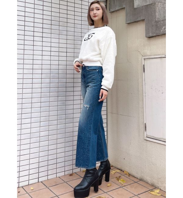 GYDA「ハイウエストKNEEダメージbijouワイドデニムパンツ」|デニム|