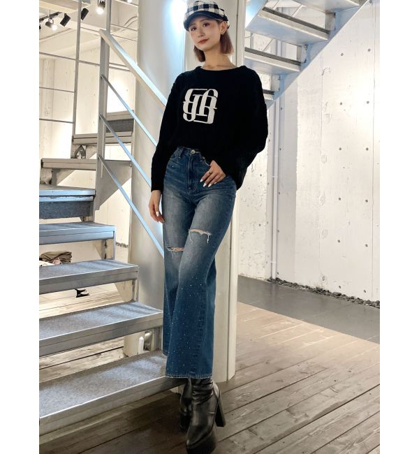 GYDA「ハイウエストKNEEダメージbijouワイドデニムパンツ」|デニム|