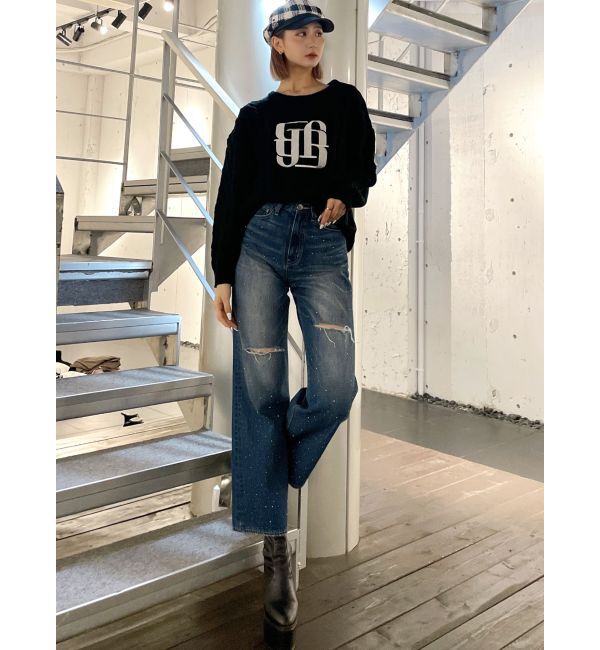 GYDA「ハイウエストKNEEダメージbijouワイドデニムパンツ」|デニム|