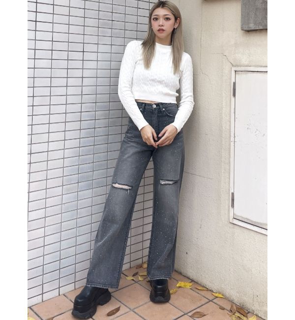 GYDA「ハイウエストKNEEダメージbijouワイドデニムパンツ」|デニム|