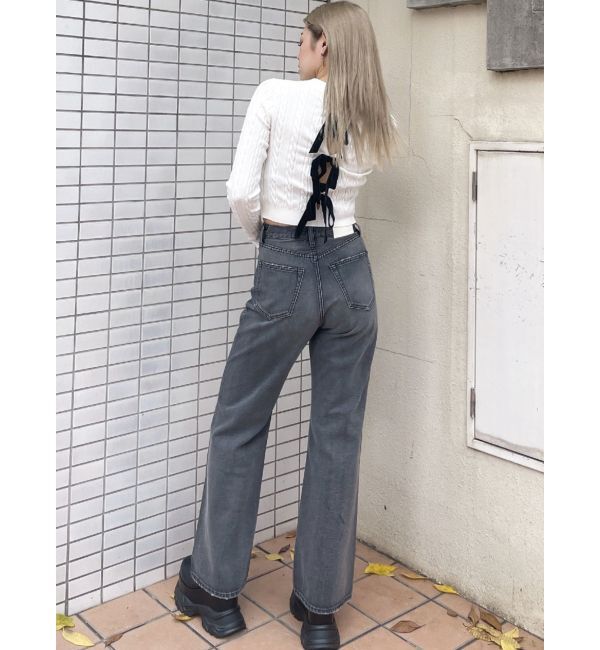 GYDA「ハイウエストKNEEダメージbijouワイドデニムパンツ」|デニム|