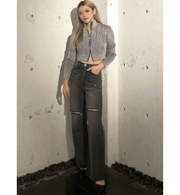 GYDA「ハイウエストKNEEダメージbijouワイドデニムパンツ」|デニム|