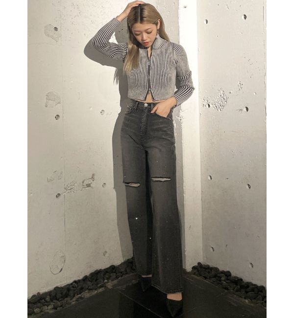 GYDA「ハイウエストKNEEダメージbijouワイドデニムパンツ」|デニム|