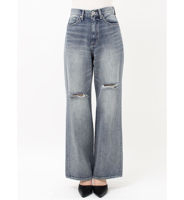 GYDA「ハイウエストKNEEダメージbijouワイドデニムパンツ」|デニム|