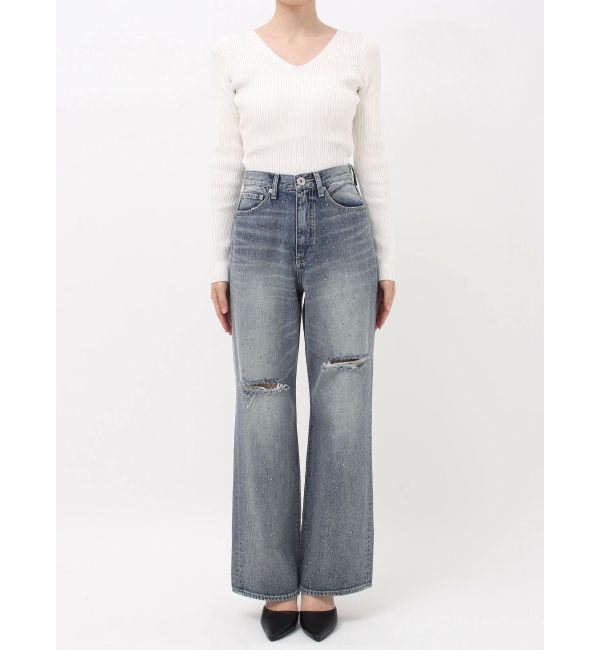 GYDA「ハイウエストKNEEダメージbijouワイドデニムパンツ」|デニム|