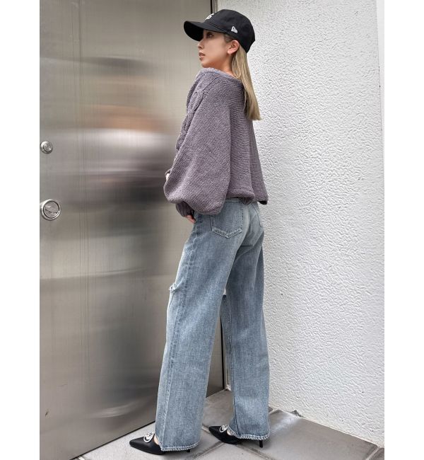 GYDA「ハイウエストKNEEダメージbijouワイドデニムパンツ」|デニム|