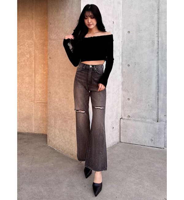 GYDA「ハイウエストKNEEダメージbijouワイドデニムパンツ」|デニム|