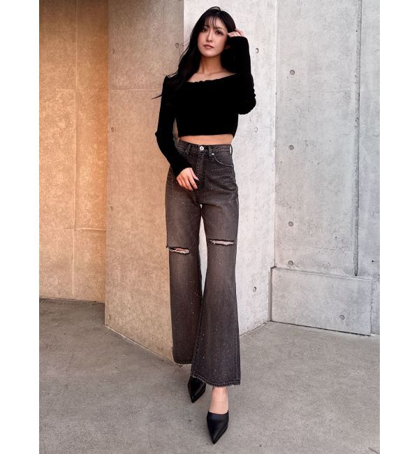 GYDA「ハイウエストKNEEダメージbijouワイドデニムパンツ」|デニム|