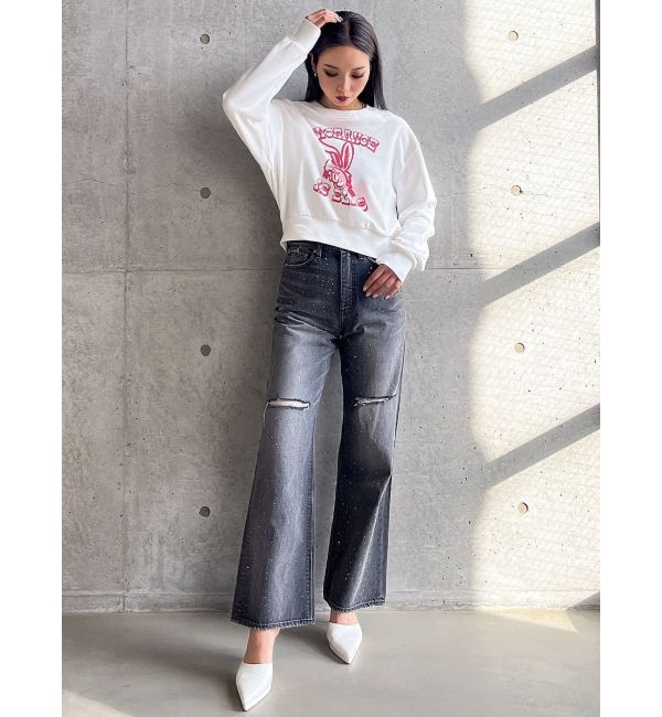 GYDA「ハイウエストKNEEダメージbijouワイドデニムパンツ」|デニム|