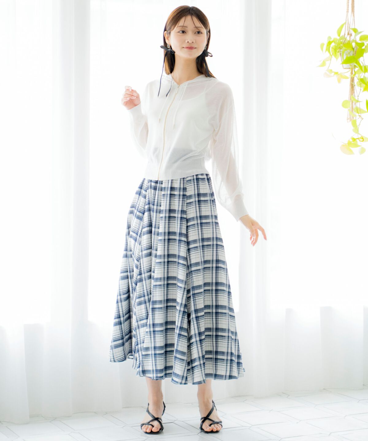 アンドクチュール「ウエストリブチェックフレアスカート」|フレア|
