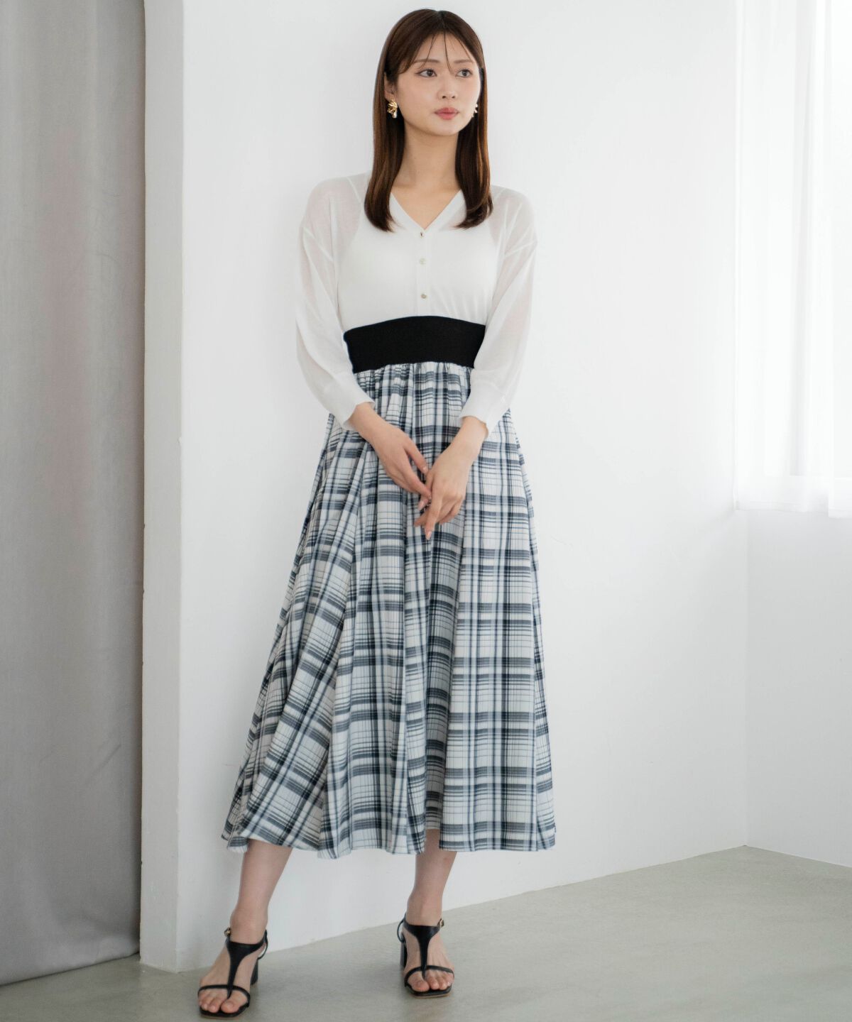 アンドクチュール「ウエストリブチェックフレアスカート」|フレア|