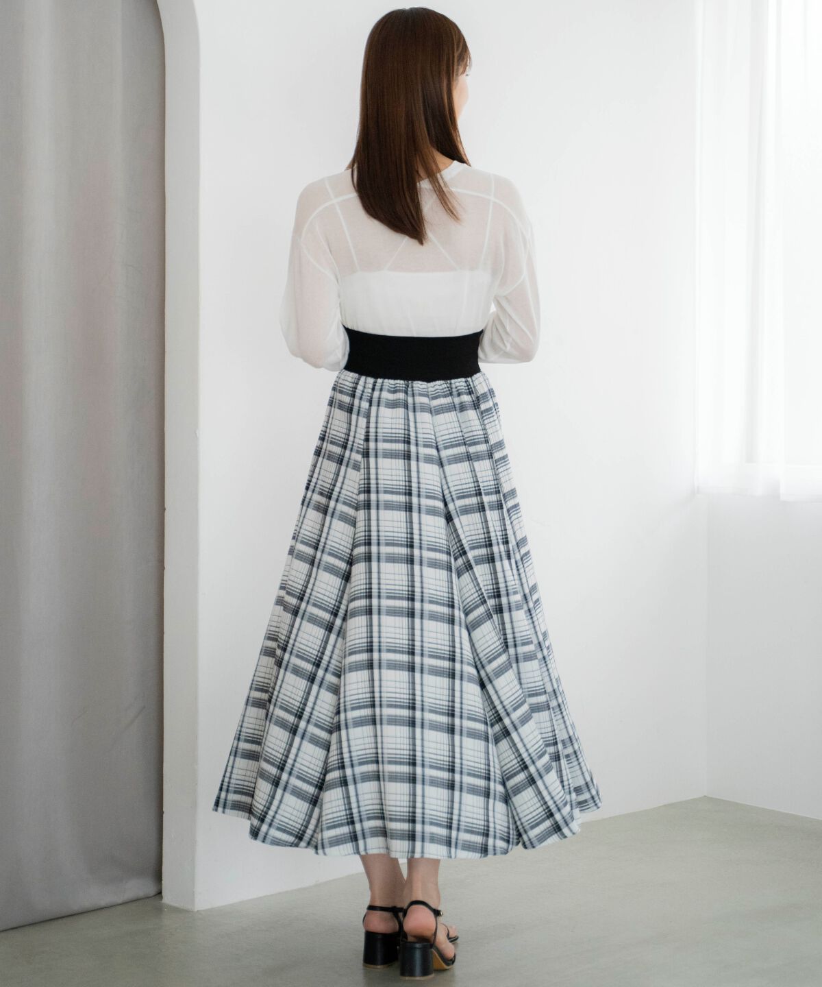 アンドクチュール「ウエストリブチェックフレアスカート」|フレア|