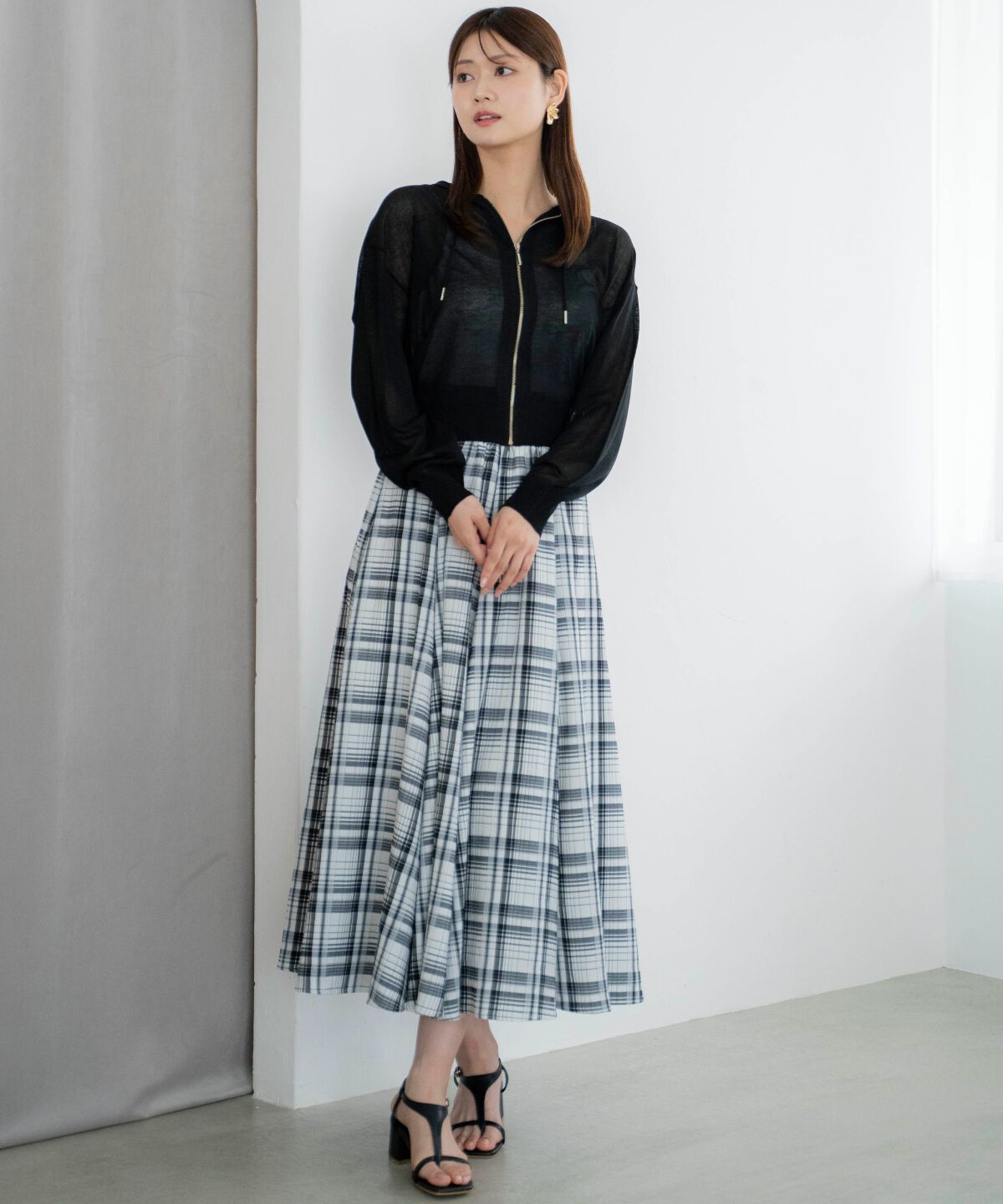 アンドクチュール「ウエストリブチェックフレアスカート」|フレア|