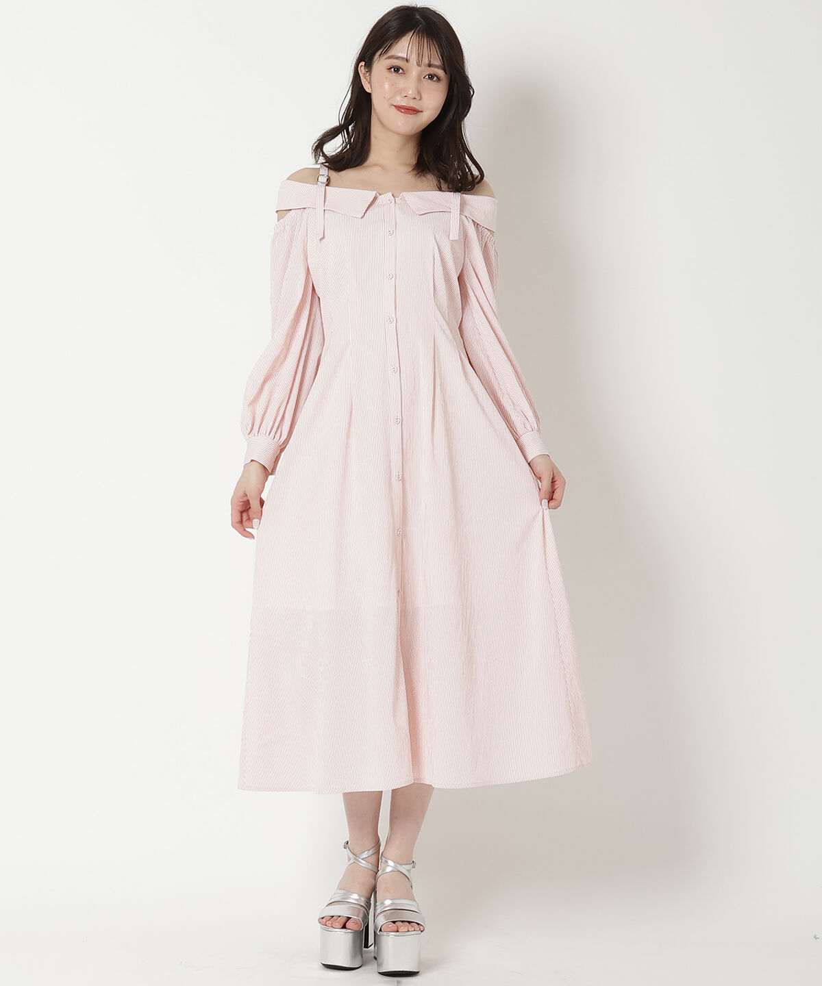 REDYAZEL「肩あきストライプシャツワンピース」|ワンピース|ピンク