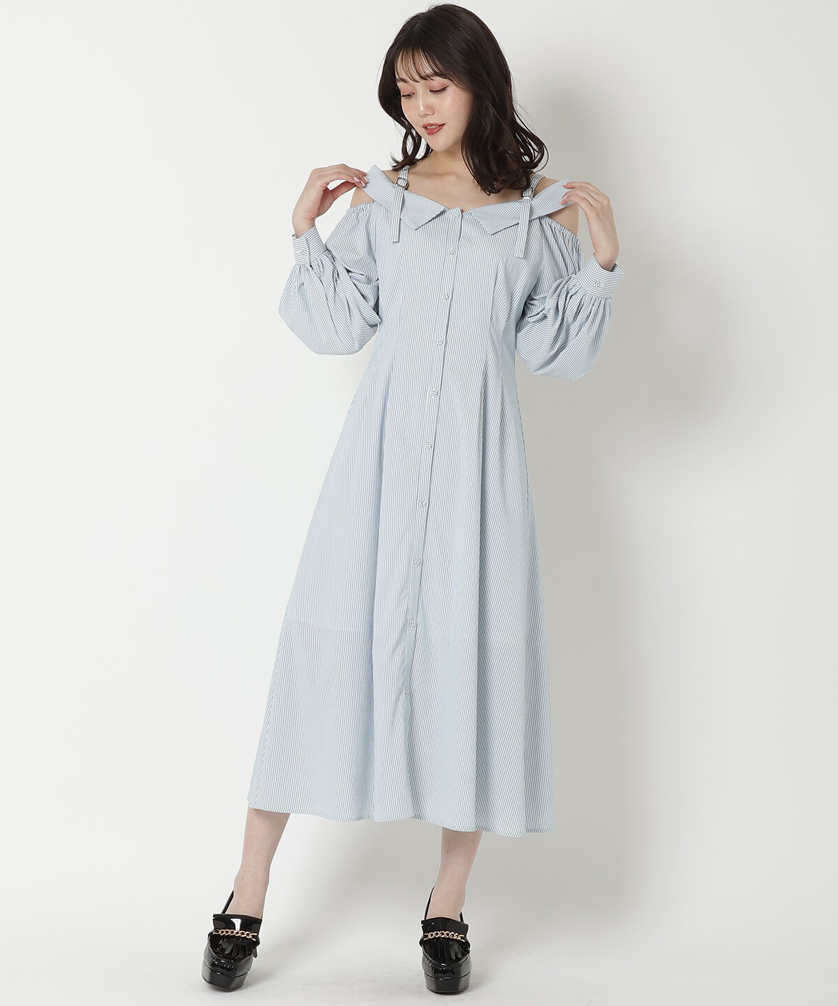 REDYAZEL「肩あきストライプシャツワンピース」|ワンピース|ブルー