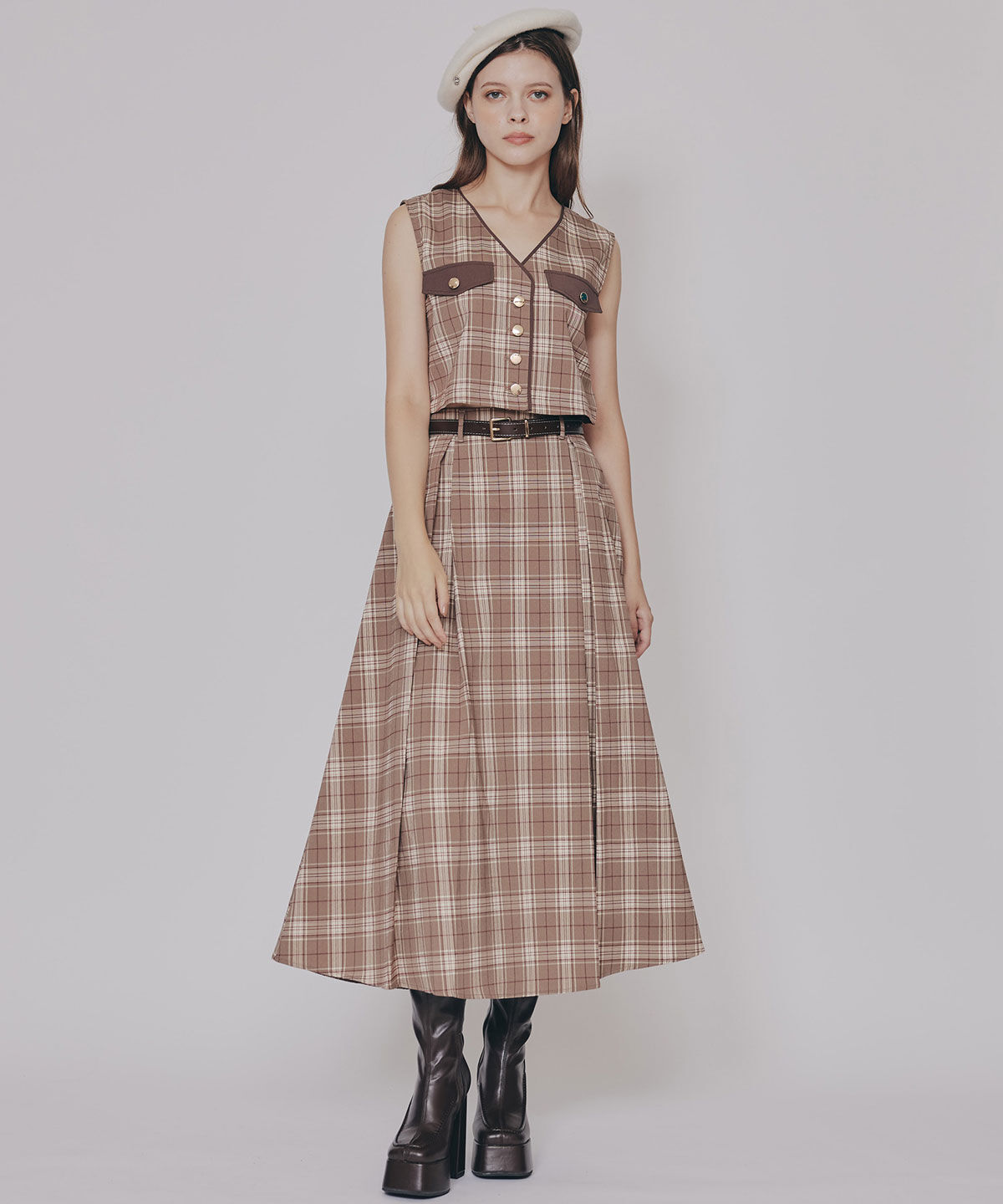REDYAZEL「クラシカルチェックベスト&フレアスカートセットアップ」|ワンピース|