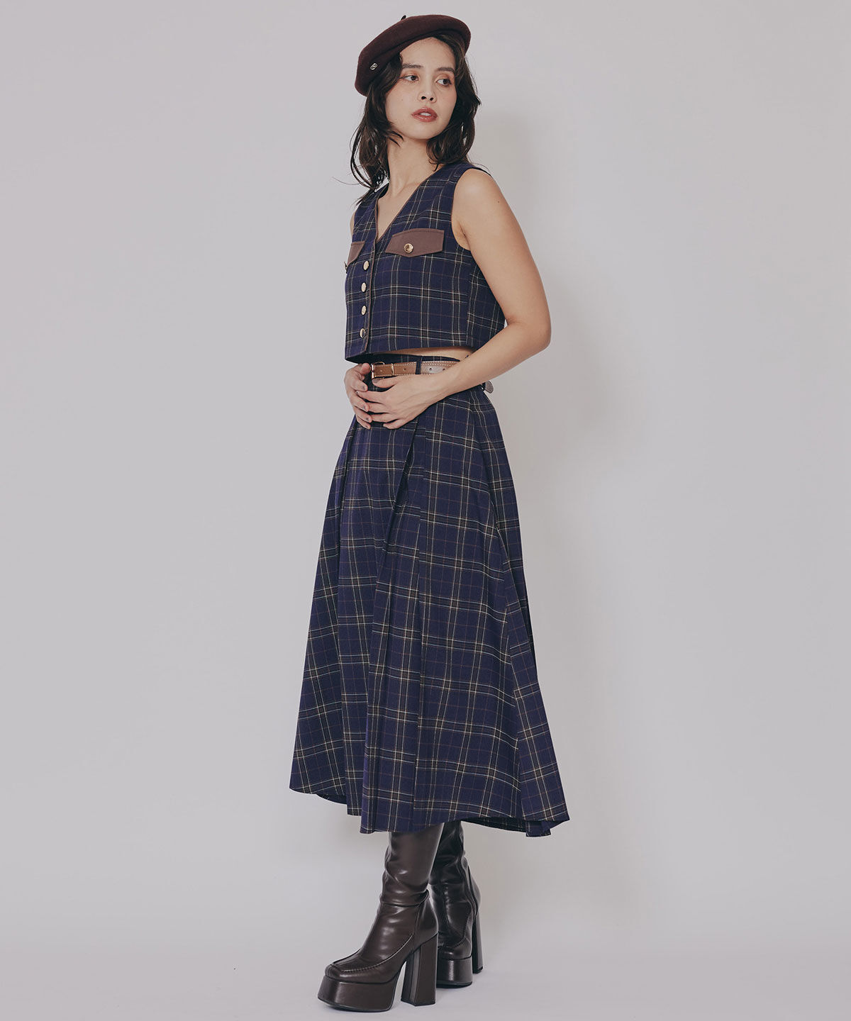 REDYAZEL「クラシカルチェックベスト&フレアスカートセットアップ」|ワンピース|ネイビー