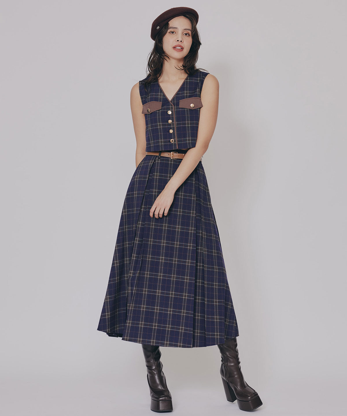 REDYAZEL「クラシカルチェックベスト&フレアスカートセットアップ」|ワンピース|
