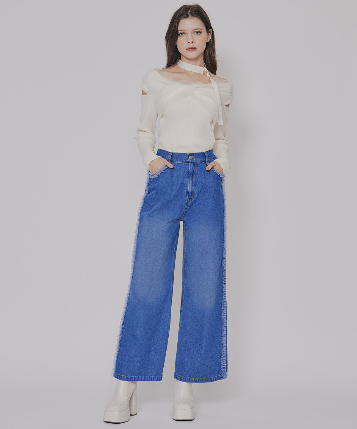 REDYAZEL「サイドチュールフリルストレートデニムパンツ」|デニム|