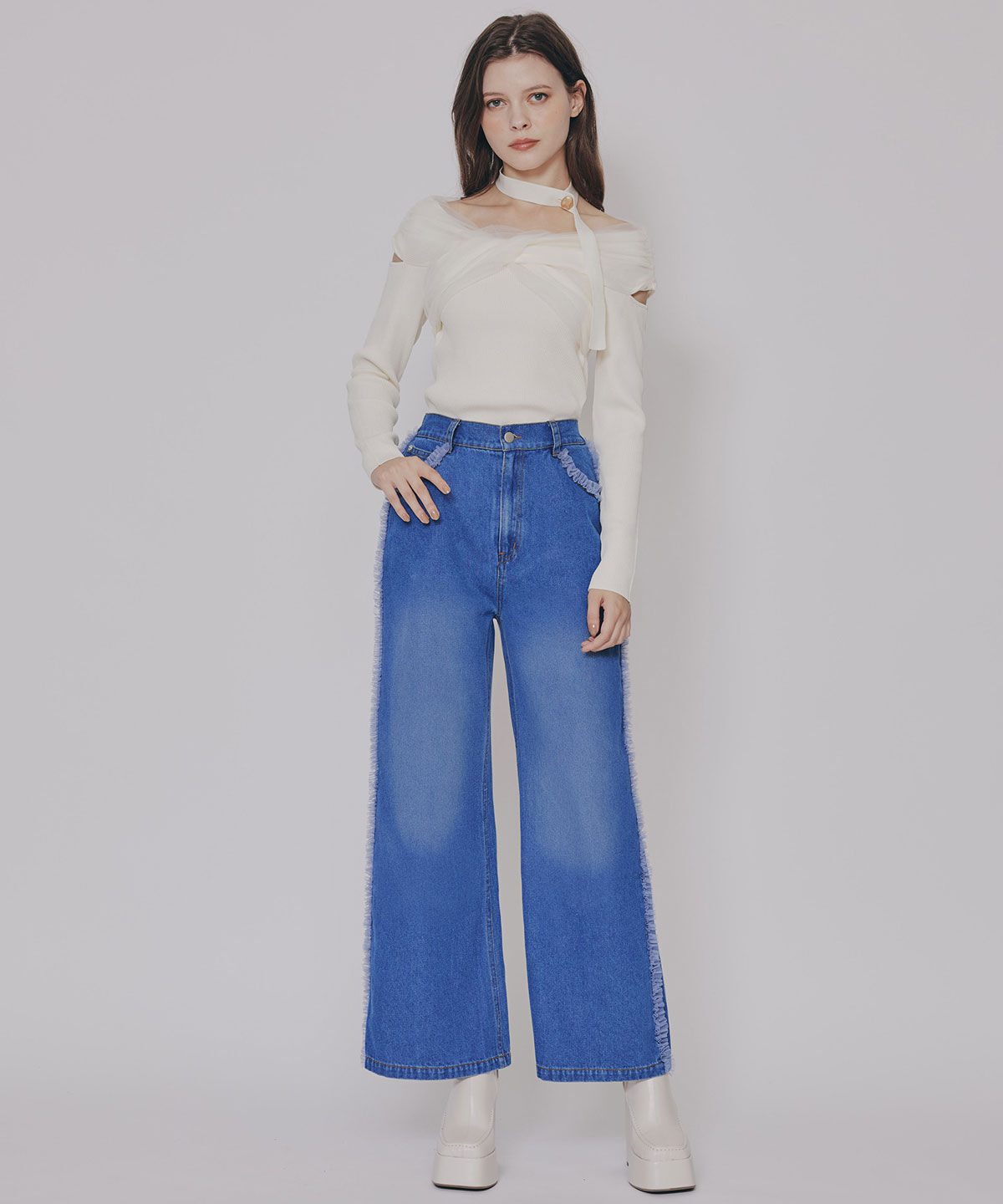 REDYAZEL「サイドチュールフリルストレートデニムパンツ」|デニム|