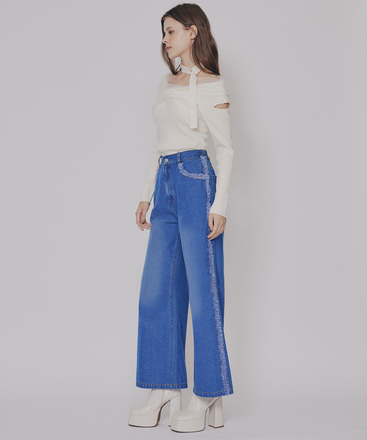 REDYAZEL「サイドチュールフリルストレートデニムパンツ」|デニム|