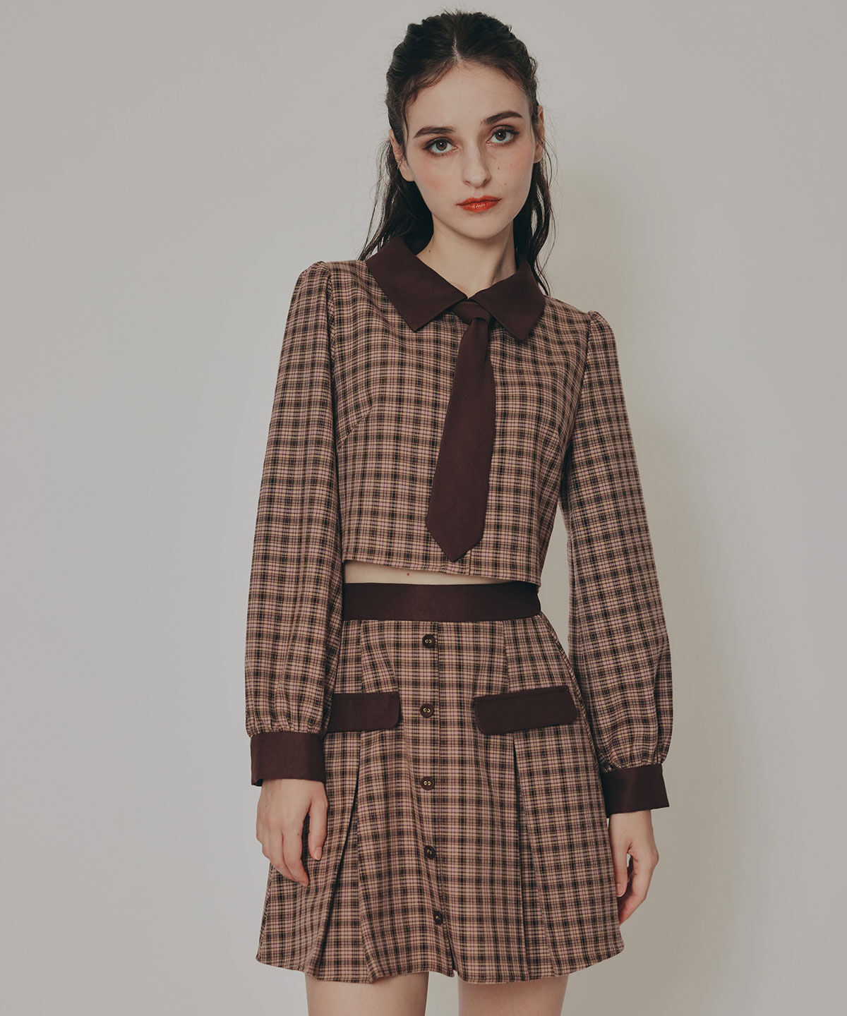 REDYAZEL「バイカラークラシックチェックブラウス&times;ミニスカートセットアップ」|ワンピース|beige/ﾁｪｯｸ