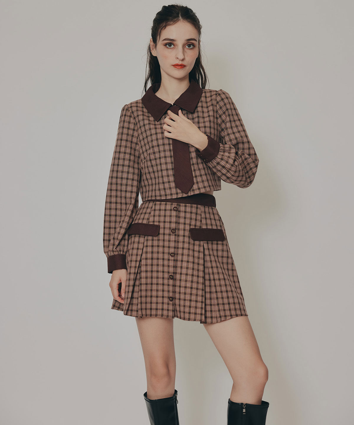 REDYAZEL「バイカラークラシックチェックブラウス&times;ミニスカートセットアップ」|ワンピース|