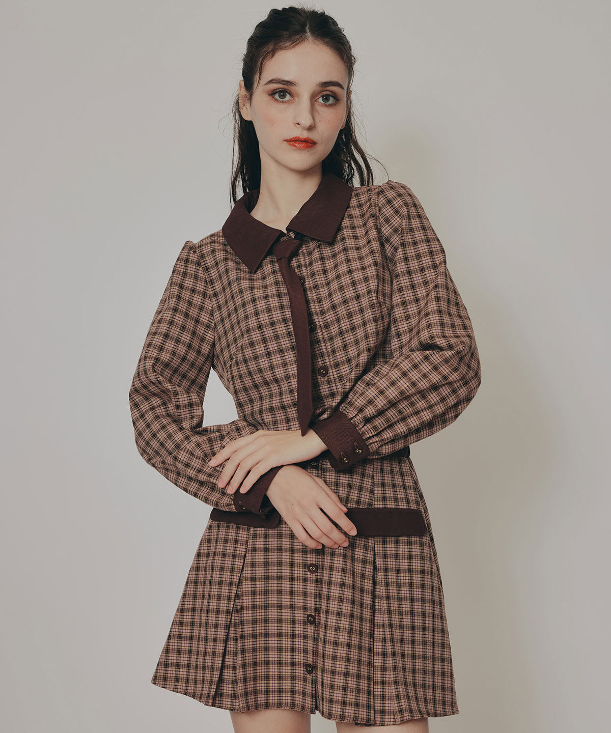 REDYAZEL「バイカラークラシックチェックブラウス&times;ミニスカートセットアップ」|ワンピース|