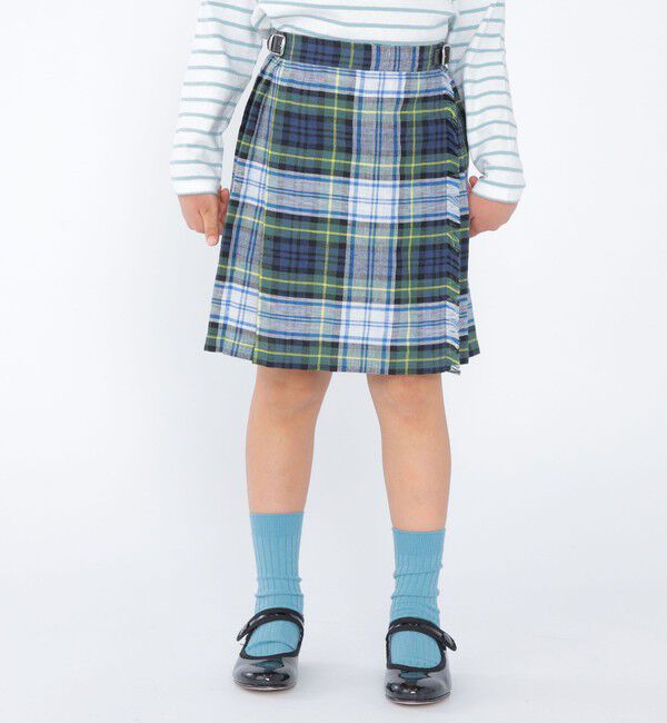 SHIPS KIDS「O'NEIL of DUBLIN:100～130cm / リネン チェック キルト スカート」|台形|ネイビー