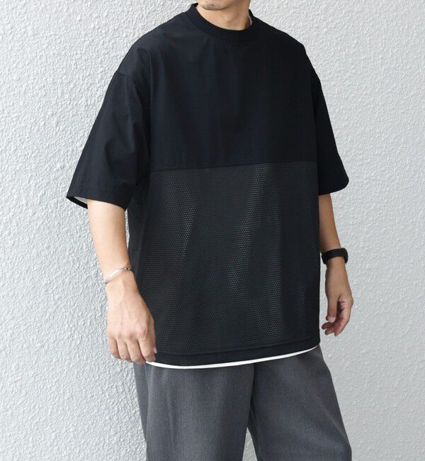 SHIPS any「SHIPS any: 〈洗濯機可能〉ナイロン / メッシュ コンビ フットボール Tシャツ◇」|Tシャツ・カットソー|ブラック