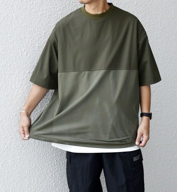 SHIPS any「SHIPS any: 〈洗濯機可能〉ナイロン / メッシュ コンビ フットボール Tシャツ◇」|Tシャツ・カットソー|オリーブ